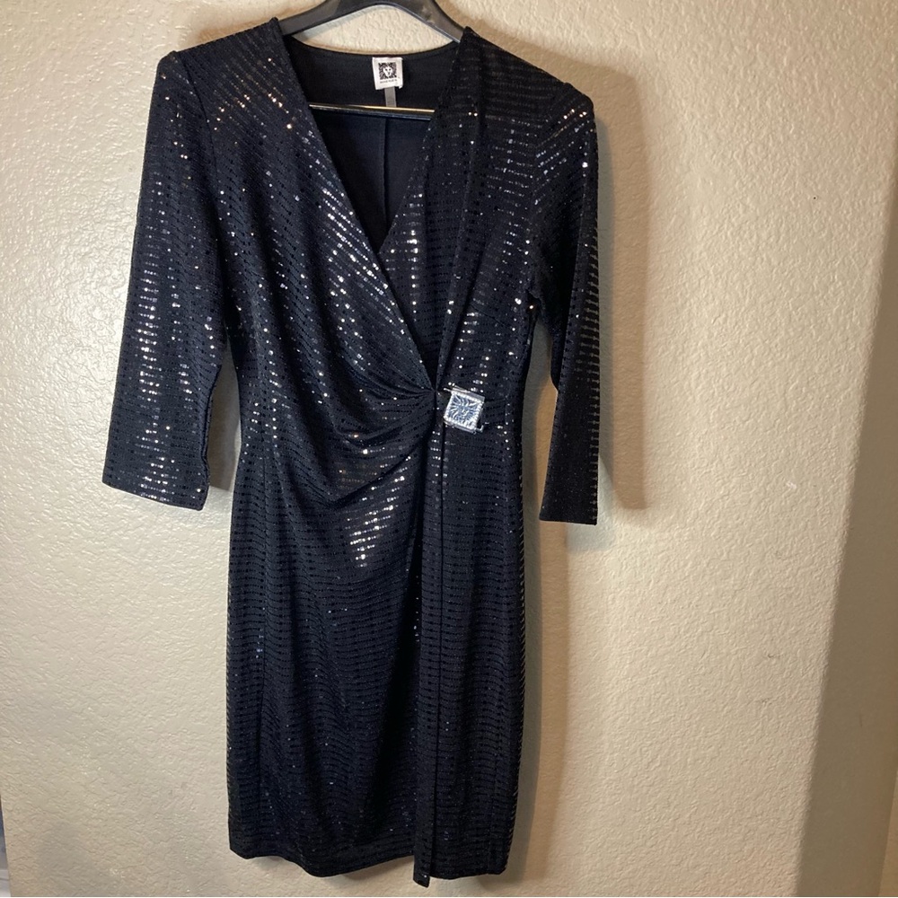 NWOT Anne Klein Black Sparkle Wrap Rhinestone Buckle Cocktail Dress Women 12